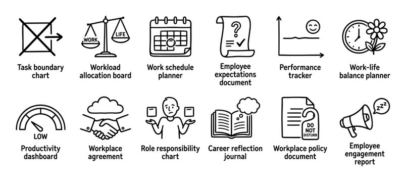 Set of hand-drawn line art icons for employee management and productivity concepts like work-life balance, workload allocation, performance tracking, and career reflection
