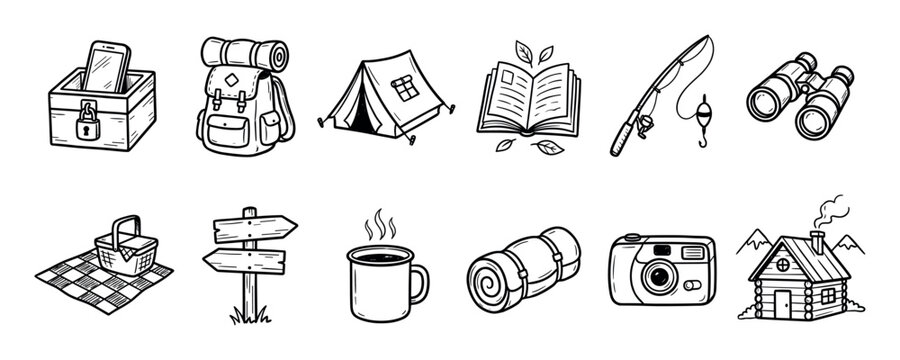 Set of hand-drawn black line icons for camping, hiking, and outdoor adventure, including a tent, backpack, camera, and log cabin in a simple doodle sketch style