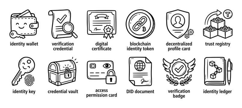 Hand drawn icon set of digital identity and verification concepts, with blockchain token, credential vault, and decentralized profile card in a simple black and white doodle style