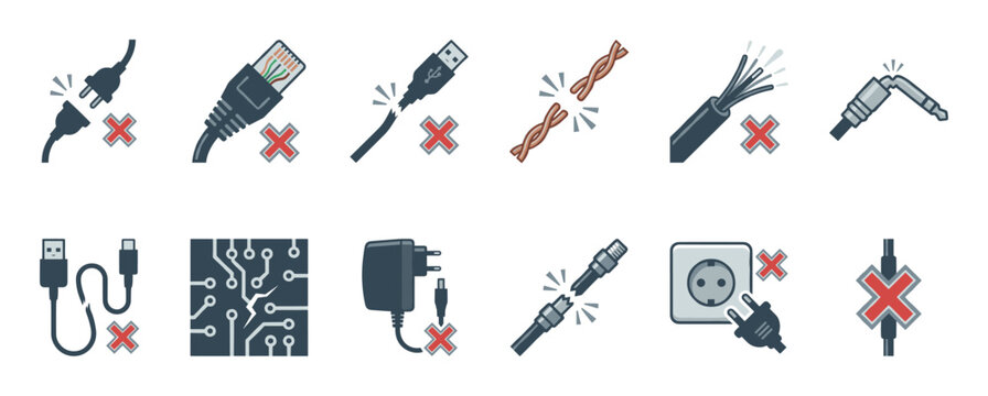 Set of broken cable and connection icons showing various types of damage like frayed wires, unplugged connectors, and cracked circuit boards in a flat vector illustration style