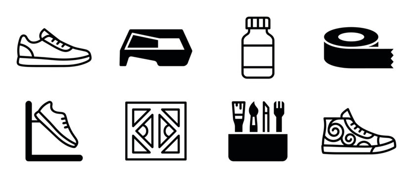 Set of black shoe customization icons representing the DIY process of sneaker art with tools like paint, brushes, tape, and stencils in a minimalist graphic style