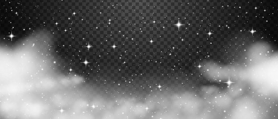 Obraz premium Dark starry night sky cloudy background vector. Realistic deep space cosmic galaxy nebula texture illustration. Midnight milky way astronomy starfield glow overlay.