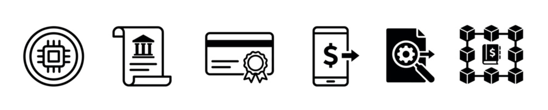 Set of black fintech and regtech icons representing cryptocurrency, banking regulation, secure payment, mobile transaction, data processing, and blockchain technology concepts