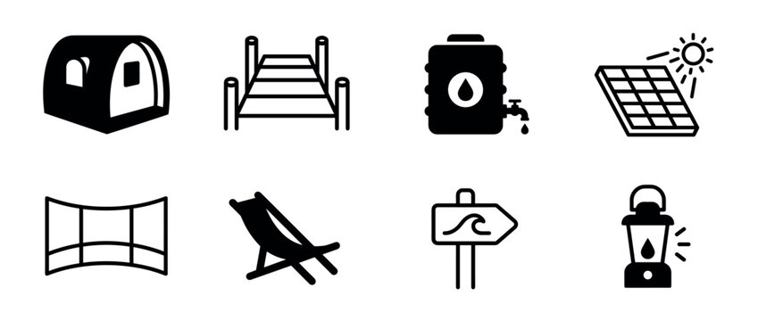 Set of black glyph icons for glamping and eco-tourism, featuring a modern tent, pier, solar panel, deckchair, and lantern for a minimalist design concept
