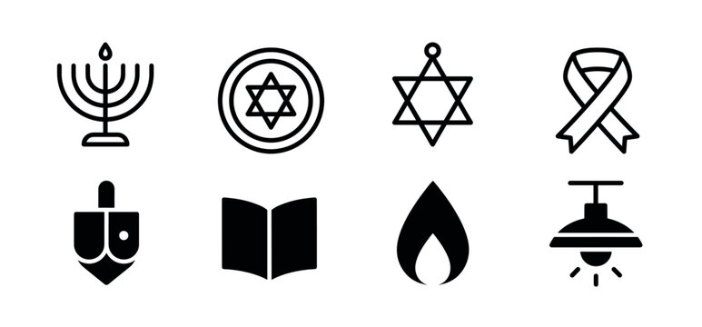 Set of eight black Hanukkah icons including a menorah, dreidel, Star of David, Torah, and flame, designed in a simple and modern glyph and silhouette style