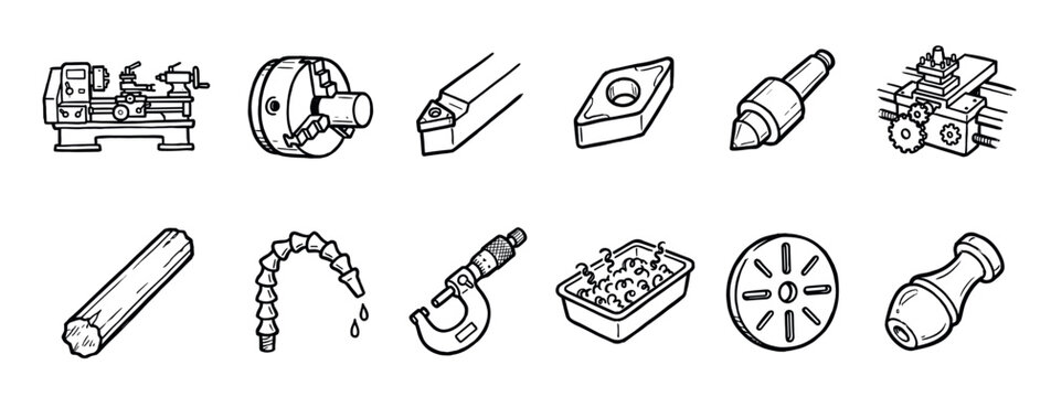 Set of hand-drawn metalworking icons featuring a lathe machine, chuck, micrometer, cutter, and other workshop equipment in a black and white doodle sketch style illustration