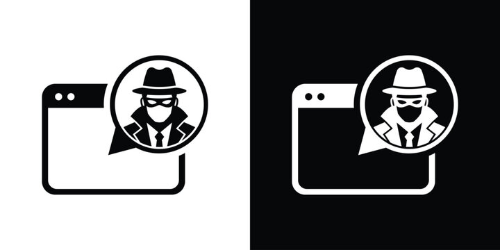 Hacker or spy icon tracking web browser activity. Cybersecurity threat vector graphic showing incognito profile and browser window.