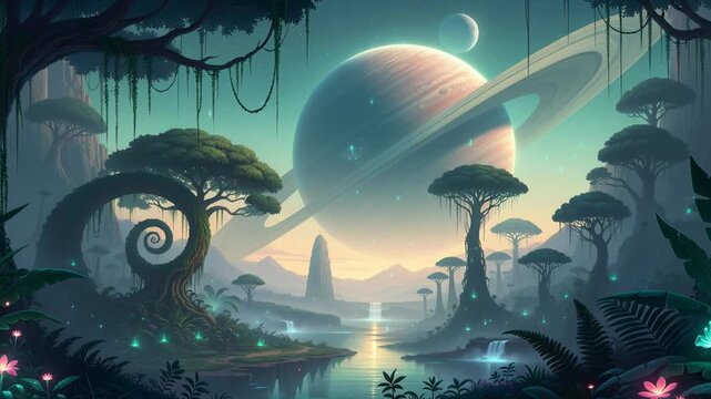 Lush alien jungle with glowing plants and spiral trees under vibrant sky for fantasy nature scenes
