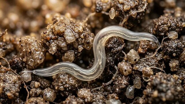 Translucent nematode roundworm moving through soil, microbiology
