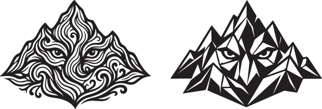 Wolf shaped mountain illustration black and white graphic design
