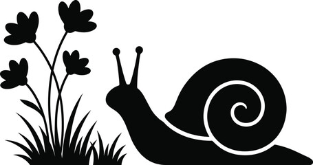 Black Silhouette Snail With Garden Flowers And Grass Vector Illustration For Nature And Spring Design © Mohsana