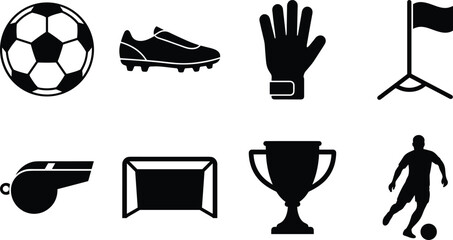 Soccer and football equipment silhouette icon set featuring ball cleat goalie glove and accessories isolated on white © MstShefaly