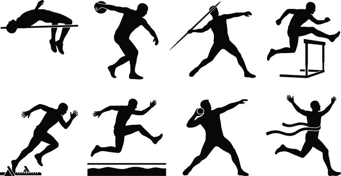 Track and field athletes vector silhouette icon set featuring running jumping and throwing events isolated on white