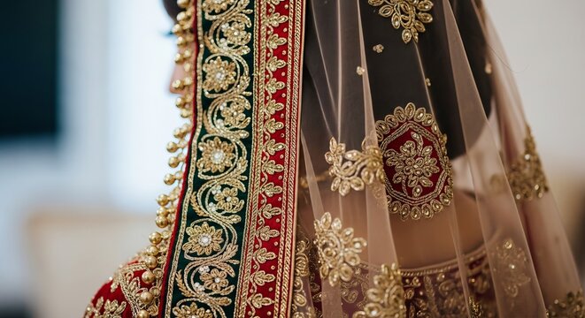 Exquisite Bridal Sari Embroidery With Intricate Gold and Red Patterns on Rich Fabric
