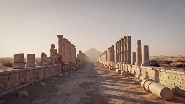 Ancient Egyptian ruins with stone columns and sphinx statues along a pathway at sunrise
