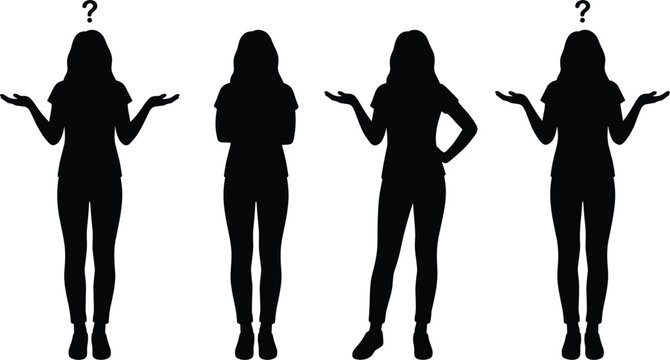 Confused woman silhouettes vector set featuring female characters making choices presenting and asking questions with doubt
