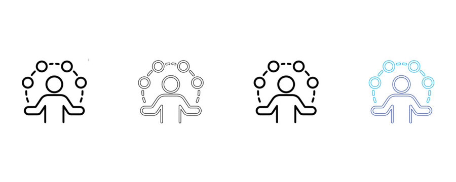 Multitasking person line icon set juggling many balls outline vector illustration.