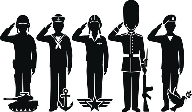 Set of five military branch silhouettes including army navy air force and guards saluting with symbols vector illustration