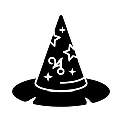 Fototapeta premium Black silhouette icon of a decorated witch hat with stars and magical symbols