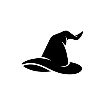 Simple black icon of a crooked wizard hat for fantasy or magical concepts