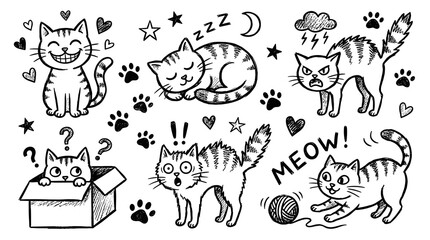 Obraz premium Cute Cartoon Cat Expressions and Poses Hand Drawn Sketch Style