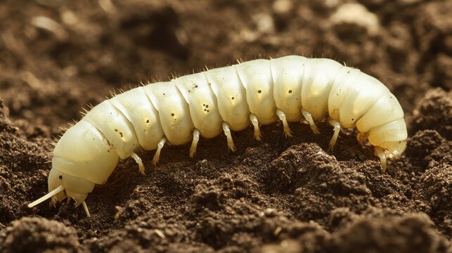 A segmented white grub crawling through dark soil