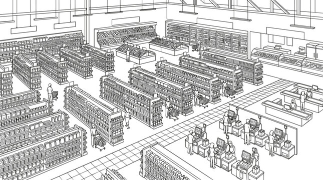 Supermarket interior line art illustration showing aisles, shelves, checkout counters, refrigerators, and shoppers from a high angle perspective