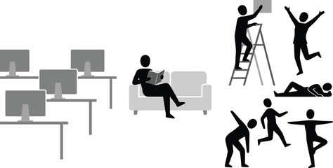 Fototapeta premium People Lifestyle and Workplace Activity Silhouettes with Office and Home Scenes