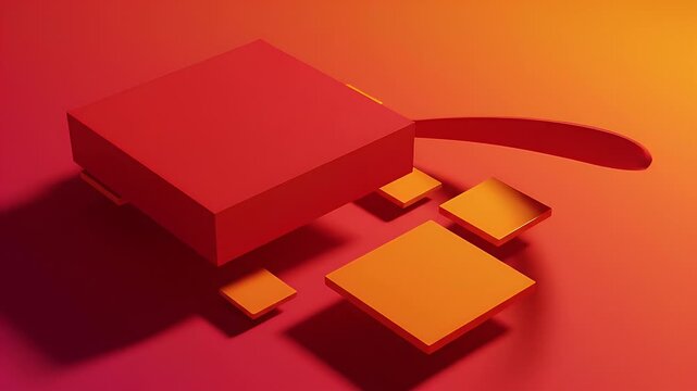 Abstract composition with red cube, orange squares, and curved red element