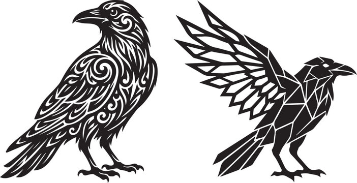 Tribal Raven Illustrations Black And White Vector Graphics