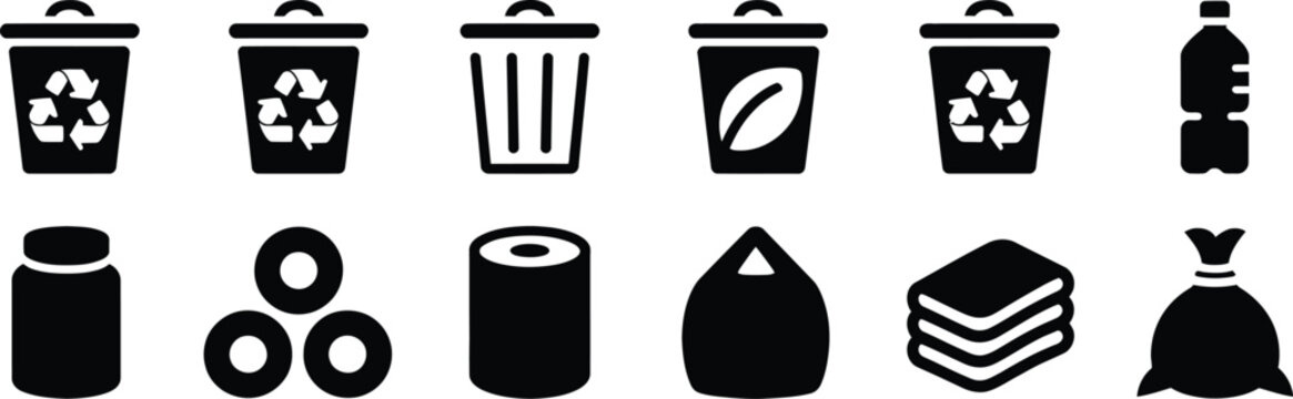 Waste Sorting icons featuring recycling categories, garbage separation symbols, environmental management, and sustainable disposal concepts, vector