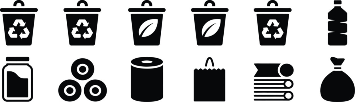 Waste Sorting icon set with waste classification symbols, recycling guidance, eco friendly disposal, and environmental awareness elements, vector