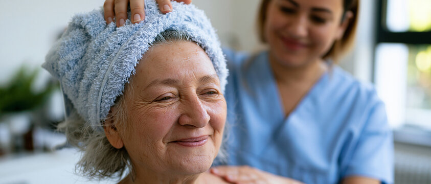Compassionate home health aide helping a happy senior woman dry her hair with a towel after bathing. Smiling caregiver and older adult patient. In-home senior care and assisted living concept