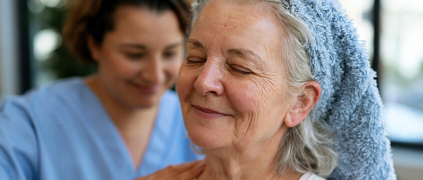 Mulher idosa feliz e relaxada com toalha na cabe&ccedil;a ap&oacute;s o banho, recebendo carinho e assist&ecirc;ncia de uma cuidadora profissional ao fundo. Conceito de home care, higiene, empatia e bem-estar na terceira