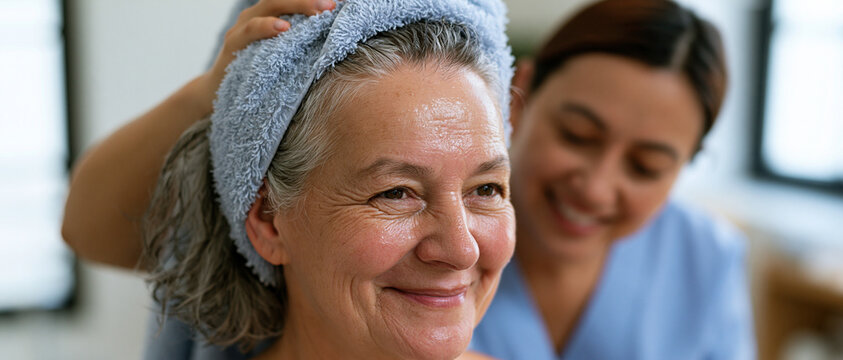  Portrait panoramique d'une femme &acirc;g&eacute;e souriante dont les cheveux sont s&eacute;ch&eacute;s avec une serviette par une aide-soignante bienveillante. Concept de maintien &agrave; domicile, d'hygi&egrave;ne et de bien-&ecirc;tre des sen