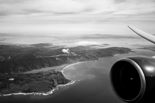 view from airplane window of the California coast