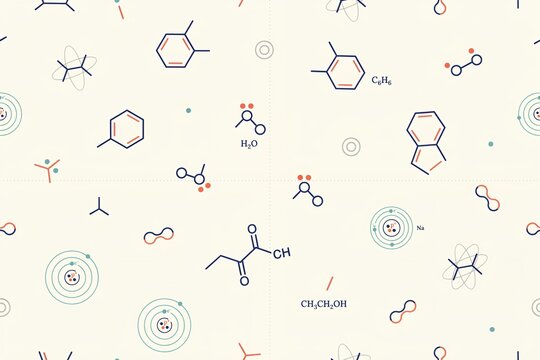 Seamless pattern featuring various chemical molecular structures, atomic models, and formulas on a light cream background, for science