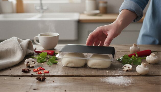 Hand reaching for steamed bao buns during a casual lunch