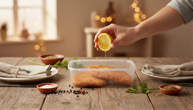 Hand squeezing lemon over golden breaded cutlets