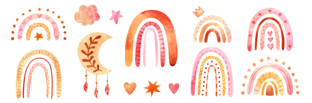 Watercolor boho set with moon, rainbows and clouds. Cute celestial collection in bohemian style. Illustration for nursery decor, baby shower, kids design, invitations, stickers, cards, prints