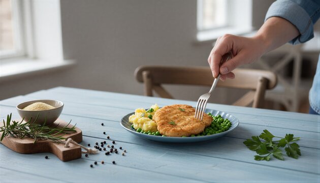Hand taking a bite of crispy schnitzel with mash and peas