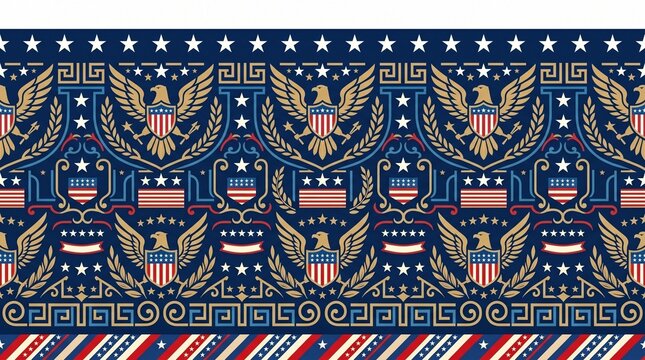 Vibrant patriotic pattern featuring American flags, golden eagles, and stars on a navy blue background with Greek key designs.