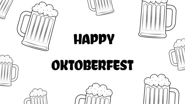 Animated Oktoberfest celebration, traditional festival culture, beer drinking event, mug of lite alcohol, craft beverage, black and white background