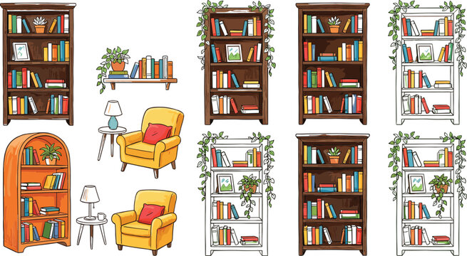 Cozy home library vector elements set featuring wooden bookshelves filled with books armchairs and plants