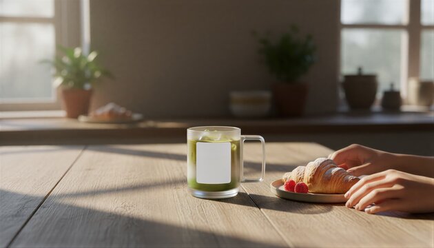 Iced matcha latte in a frosted glass mug with a white label beside a fresh croissant on a rustic table