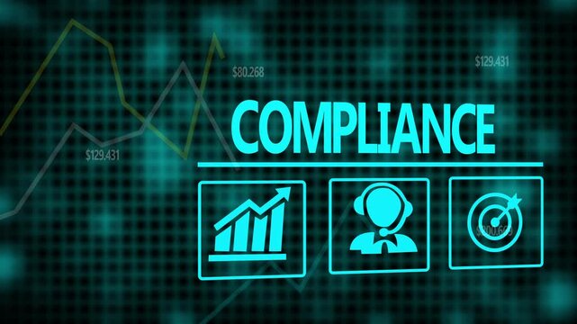 Compliance business concept on a flashing computer monitor with moving graphs and data.