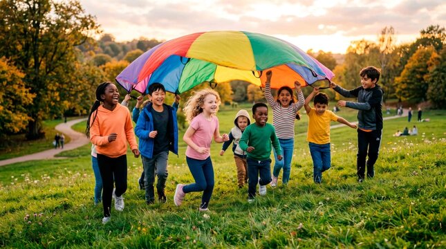 Joyful diverse kids run with a colorful parachute on a grassy hill during golden hour fun outdoor play