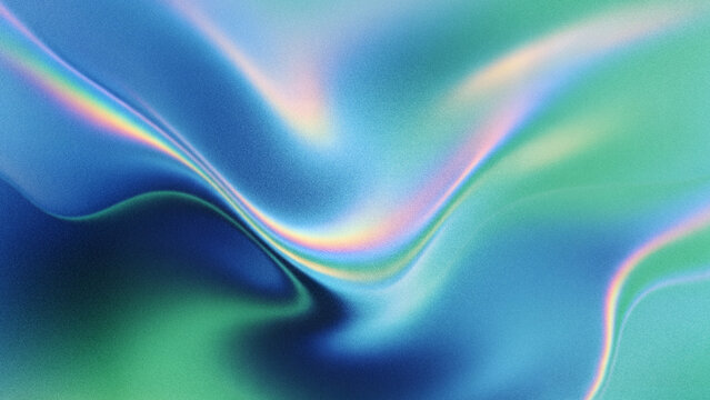 Abstract grainy holographic gradient background in deep blue and green hues showcasing vibrant iridescent fluid noise waves with prism neon glow.