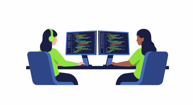 Two Diverse Female Software Engineers Coding on Computers - Flat Vector Illustration of Women Programmers Working in Tech Office