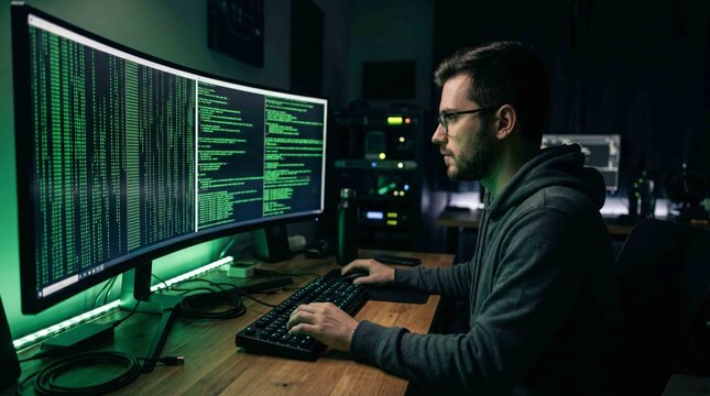 Serious male programmer or hacker work on multiple computer monitors in dark room cyberspace concept